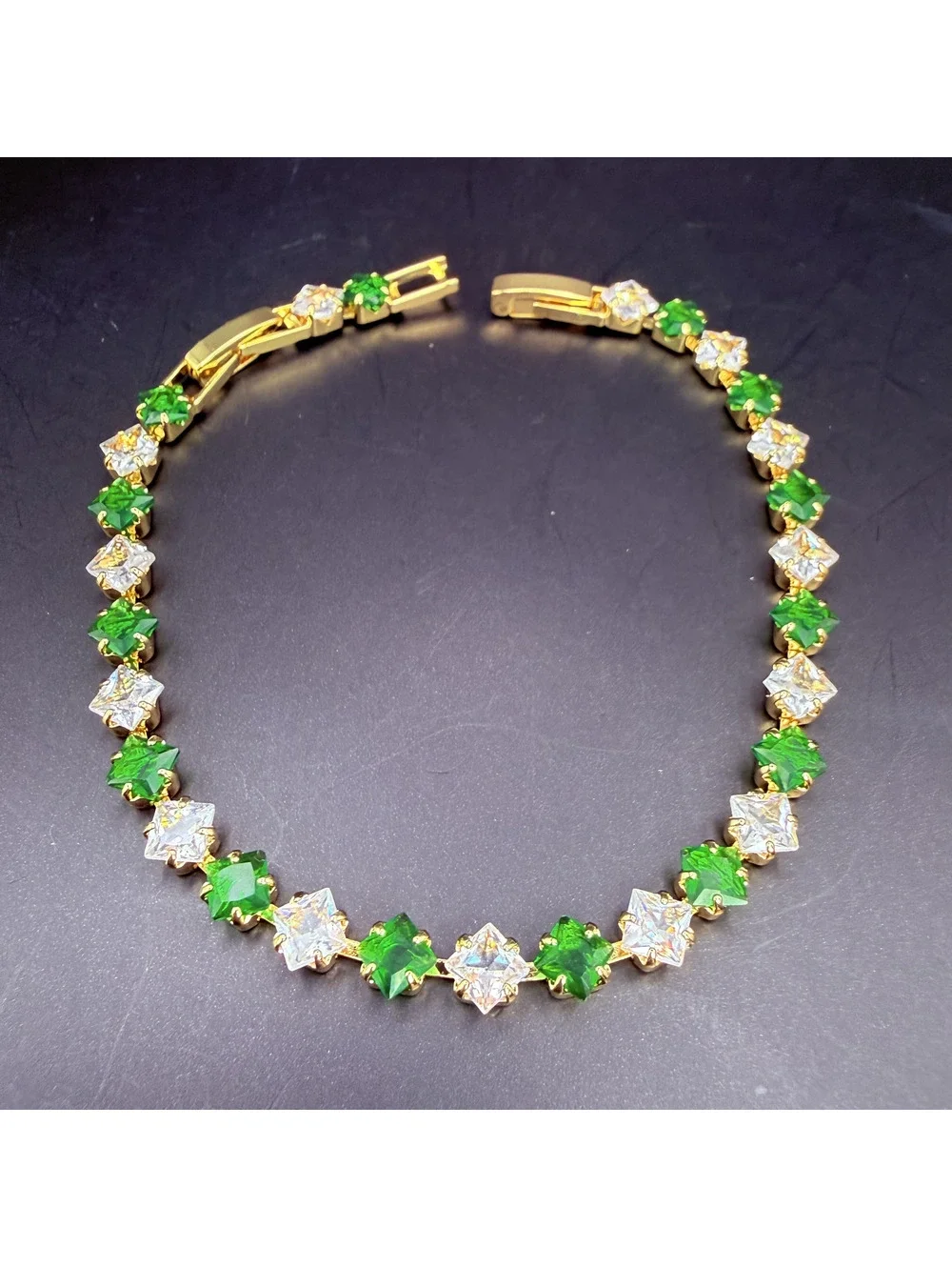 candy+clover green and clear crystal gold tone tennis bracelet